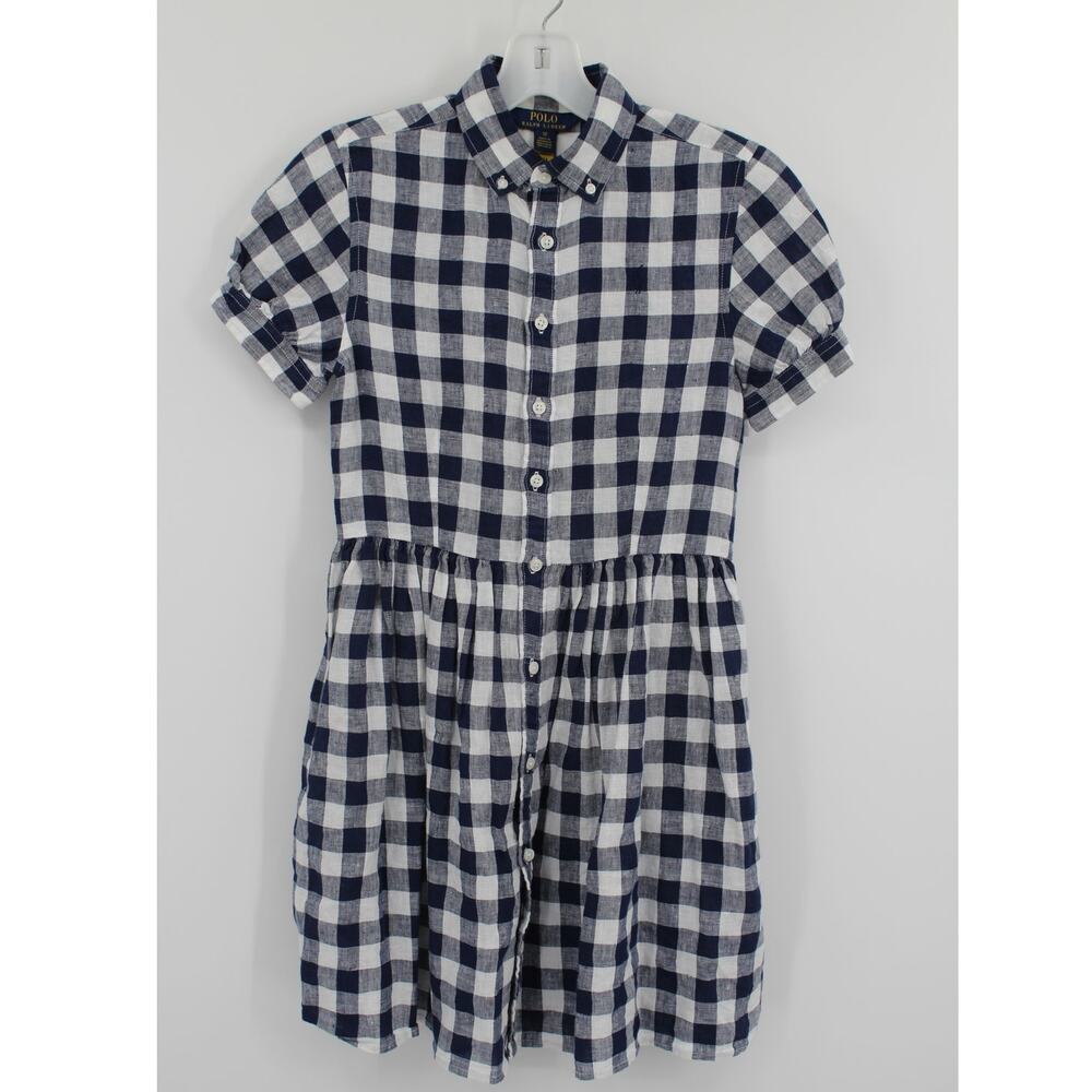Polo Ralph Lauren 100% Linen Logo Shirt Dress Gingham 12 Years